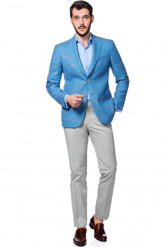 Costum casual Azaris Albastru/Alb din Lana, Matase, In